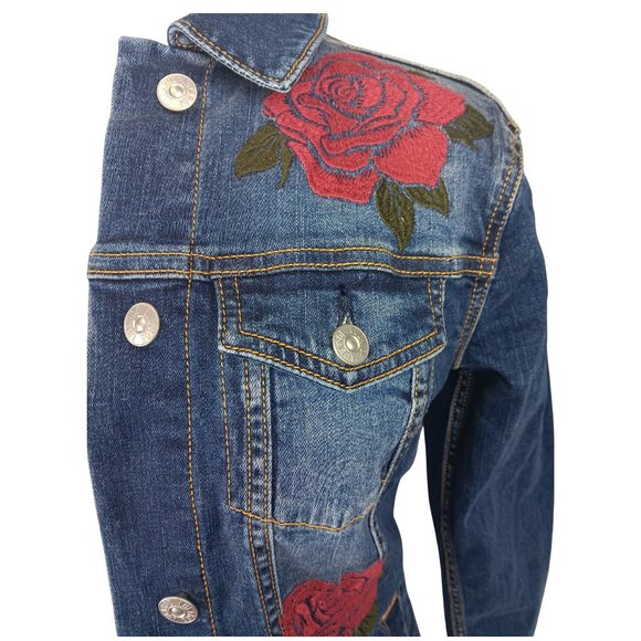 LuLaRoe JAXON Jean Denim Jacket Embroidered Red Roses Womens Size xs - Picture 2 of 8